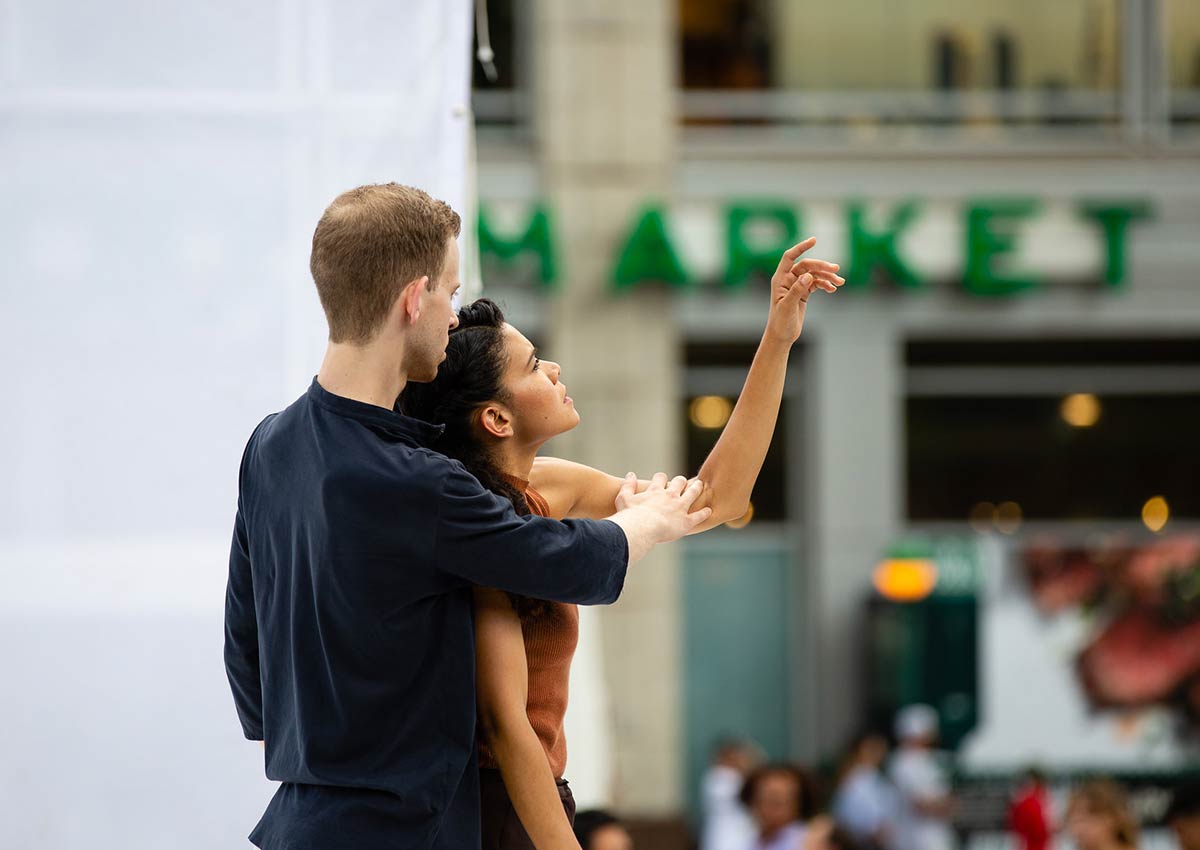 Two members of Gibney Dance Company perform at Union Square