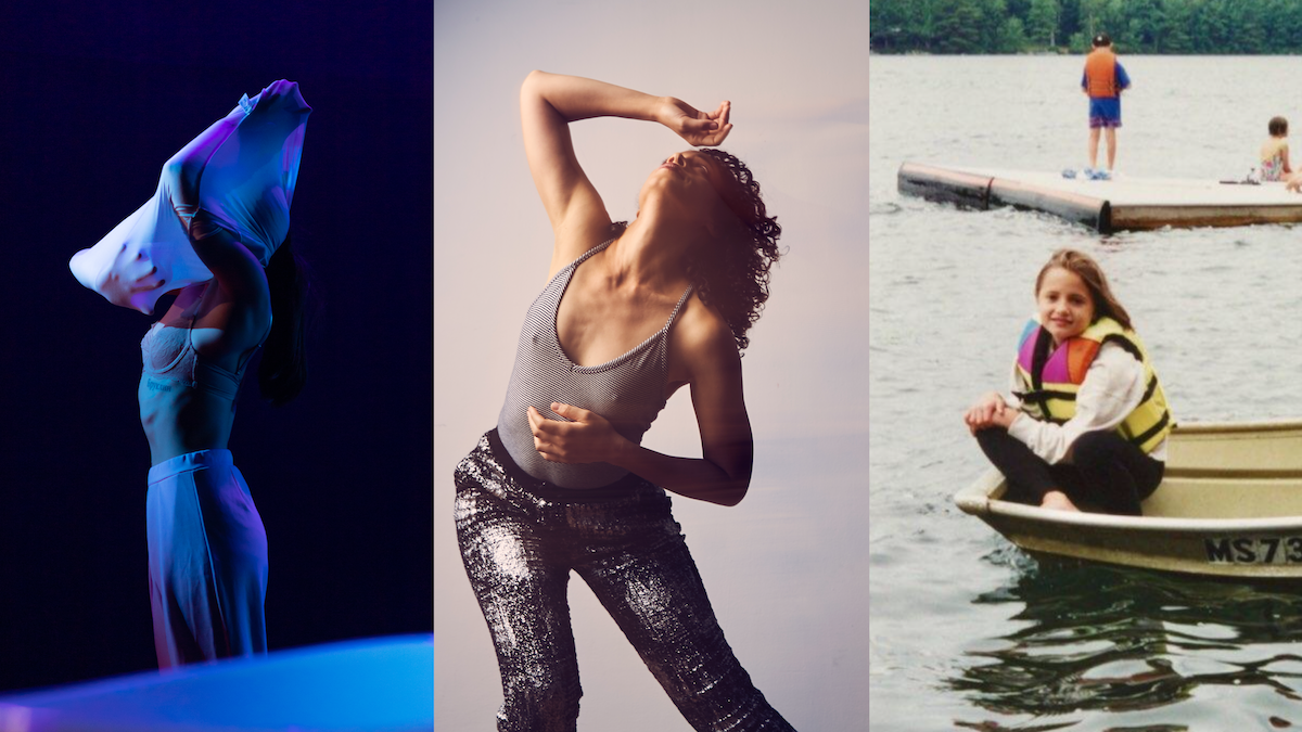 Three women photos side by side. Left is taking off her shirt, the middle is dancing and the third is sitting on a boat.