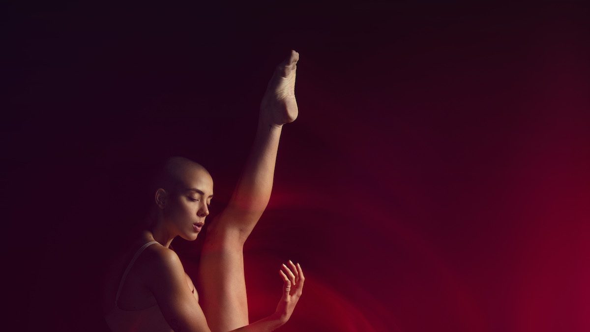 Photo of a white woman with her leg high in the air, and another image of her crouching in a ball.