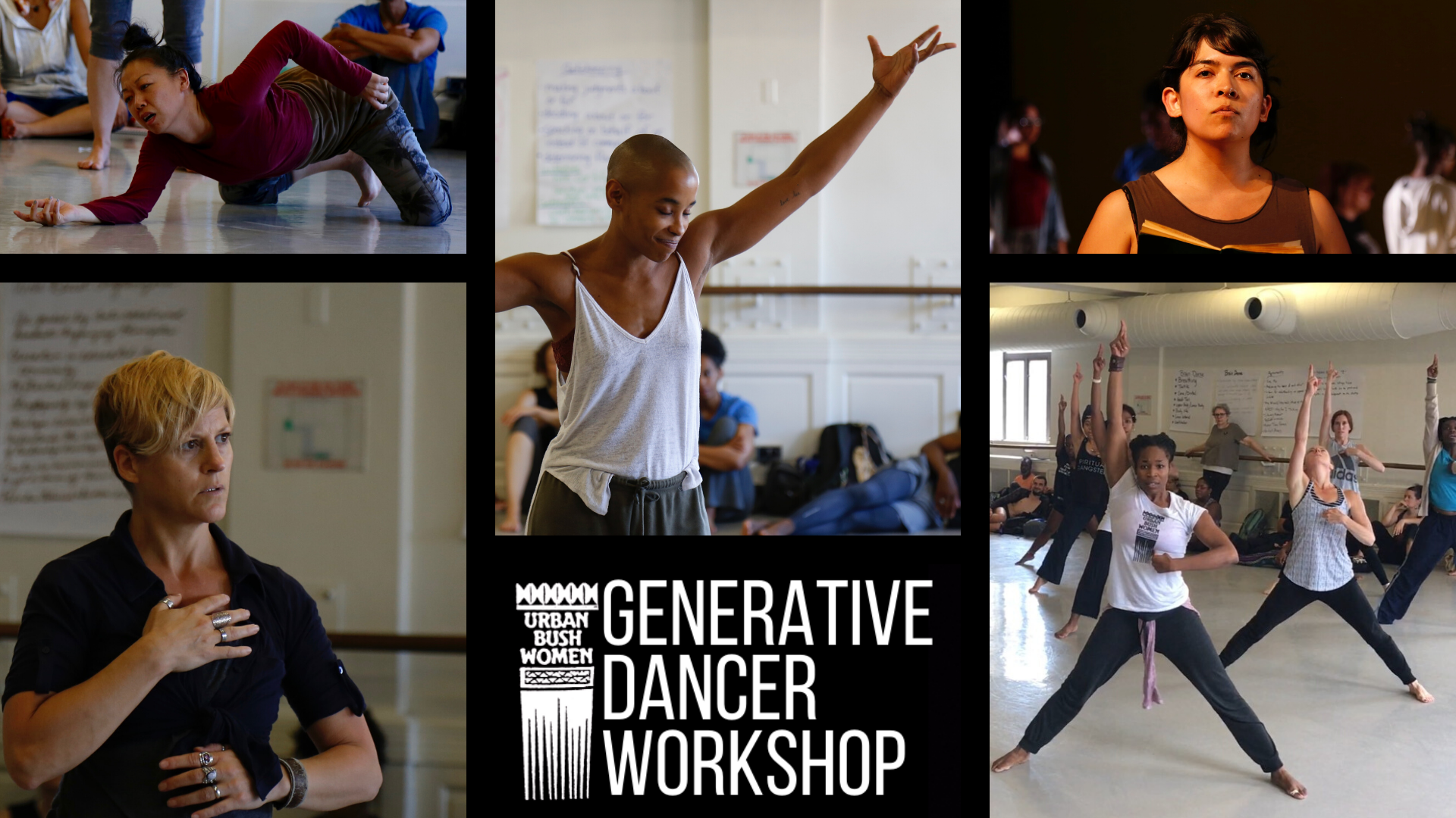 Collage of five photos with text in the middle that reads: Generative Dancer Workshop