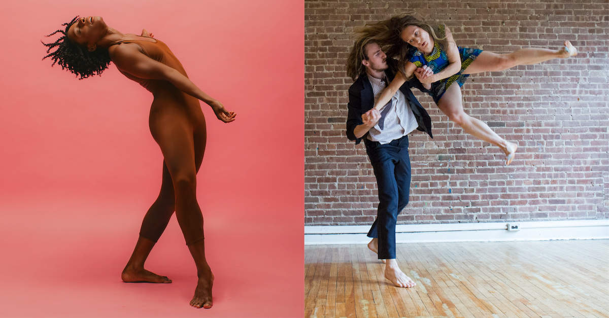 Two photos side by side of dancers moving.