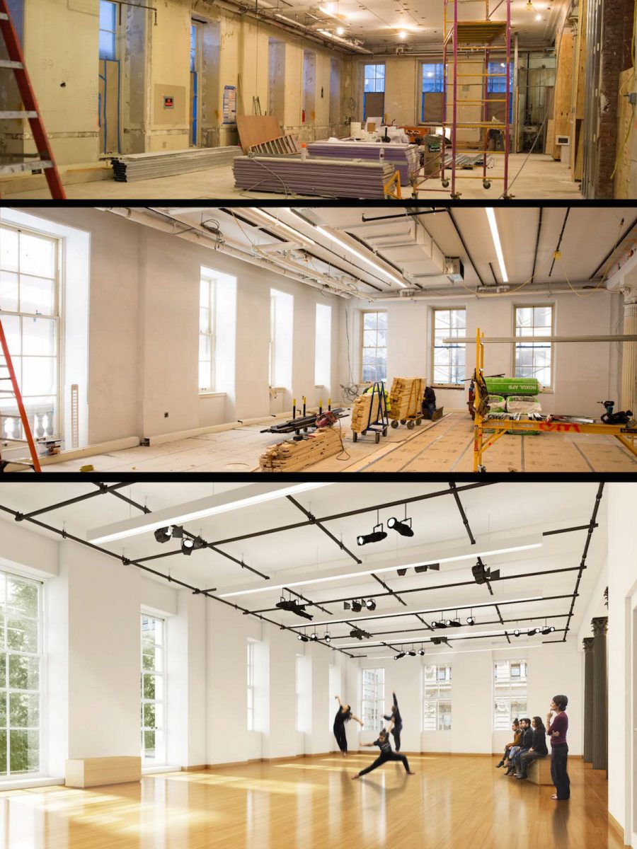 Three photos of the transition of a dance studio's construction.