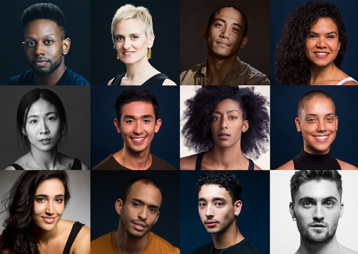 Image collage of 12 Gibney Company members' head shots. From left to right, top to bottom: Nigel Campbell, Amy Miller, Kevin Pajarillaga, Zui Gomez, Jie-hung Connie Shiau, Jesse Obremski, Rena Butler, Leal Zielińska, Marla Pehlan, Alexander Anderson, Jacob Thoman, and Jake Tribus. 