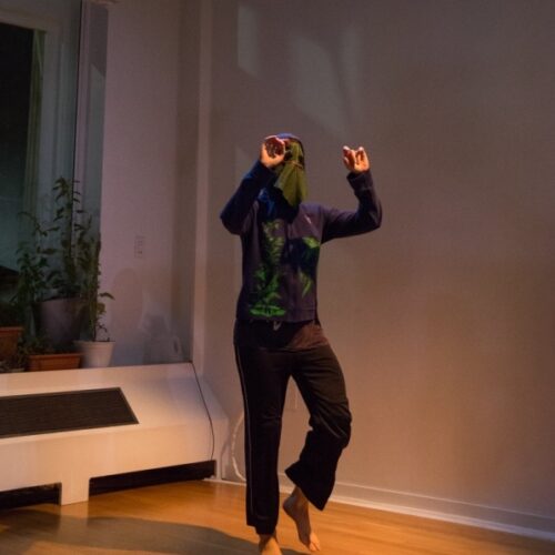 Jill wears a large green pawlonia tree leaf over her face as a mask, a dark blue hoodie screen printed with local weeds, and dark pants as she moves through space.