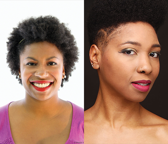 Image Description: Collage of 2 headshots Right Photo: Sydnie, a light skinned Black woman with an afro looks direct at the camera. She wears a purple shirt and red lipstick. Left Photo: Caramel skinned black woman with afro high top. Head slightly facing right looking forward with pink lip stick and design shaved on the side of the head against a black background