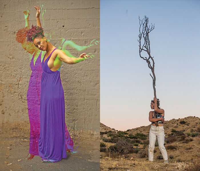 Collage of two photos. Left photo: Kai, a light skinned cis Black woman is 3/4 to the camera with one arm raised over her head and the arm nearest the camera outstretched. She is wearing a purple dress and a ghost image of her is looking down in profile, overlaid on the image of her looking at the camera Right photo: Sarah stands with her arms wrapped around the base of a 6 foot tall dead branch. The branch looks as if it is growing out of her stomach. Sarah and the branch stand on a hill in the High desert of Morongo Valley, CA the unceded territory of the Cahuilla and Serrano people at the Buckwheat Residency 2019.