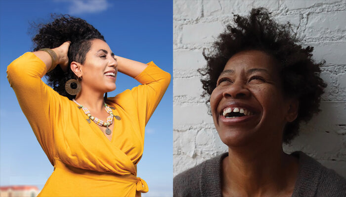 Collage of two headshots. Left photo: Taína Asili in a bright yellow dress, holding her hair and smiling. Right photo: Head and shoulders shot of mayfield looking up and smiling with white brick wall as a backdrop, mayfield is brown skinned, with black hair and a medium sized afro, wearing a grey V neck sweater.