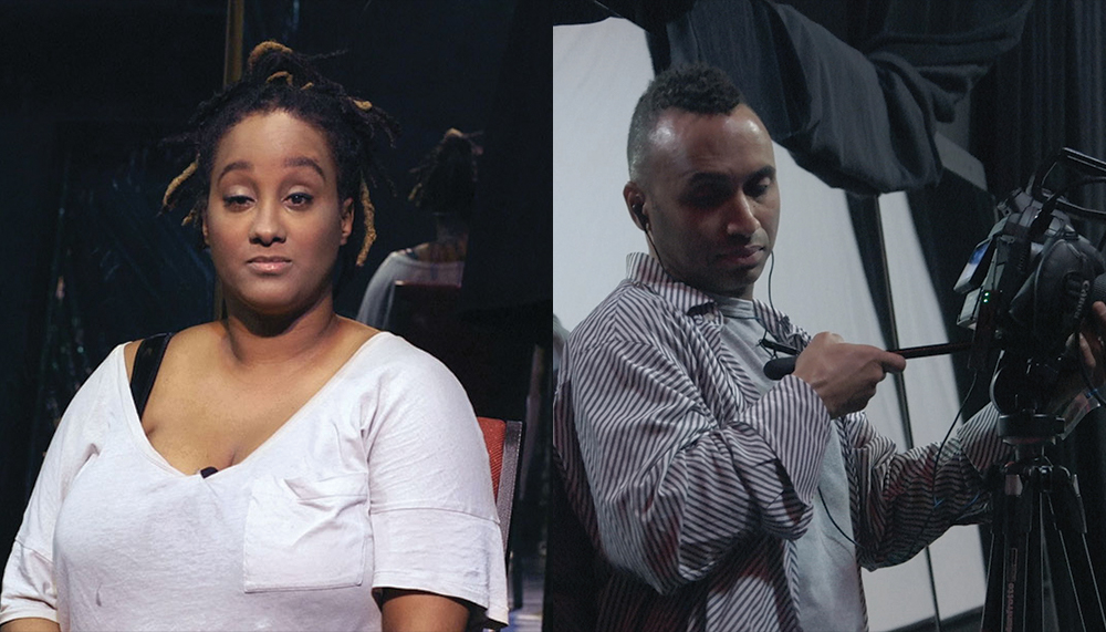 Collage of two photos side by side.Left photo: Kayla Hamilton, an African-American woman, wears a beige shirt that slightly hangs off her shoulders. Her hair is pulled back. Right photo: Rodney Evans, an African-American, brown skinned man with short twists and a side fade hairstyle. He is behind a Canon C100 camera. His face is reflected in the mirror behind him.