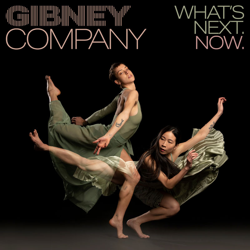 Gibney Company members Leal Zielinska and Connie Shiau in flowing green outfits. A collaged image where the dancers overlap and fade into one another, with the Gibney Company logo in the top left.