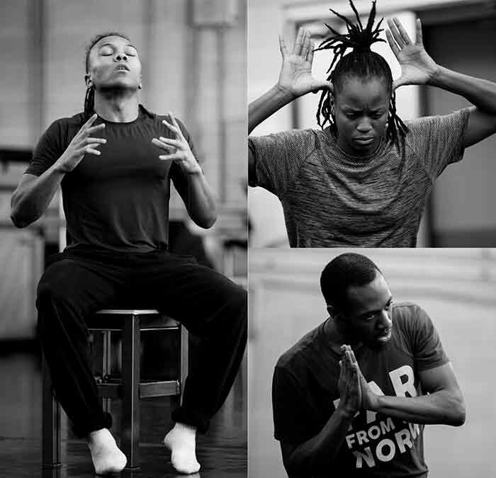 Three black and white images of dancers doing different hand gestures