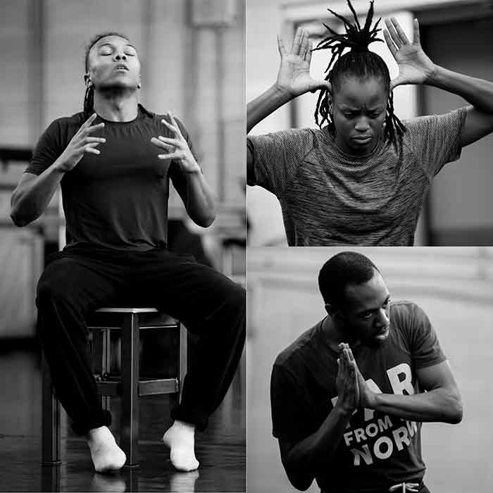 Three black and white images of dancers doing different hand gestures