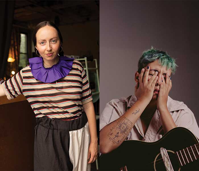 Collage of two photos. Photo 1: Alex Tatarsky wears a purple clown collar and striped shirt. They stare into the camera with a vague smirk. Photo 2: River L. Ramirez with a guitar.