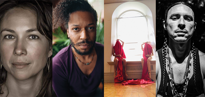 Collage of four photos: a black and white photo of Emily Johnson, a photo of jumatatu m. poe, a photo of Cindy and devynn rehearse in a sun drenched studio draped in the red altar fabric from a preluding work, and a photo of Joseph in black and white with two braids and beaded jewelry.