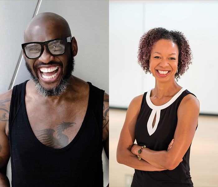 Left Photo: Image of a smiling dark skinned man wearing a pair of black rimmed glasses and a black tank top, standing in front of a grey wall. Right photo: Gesel Mason, a Black woman with a butterscotch skin tone and shoulder-length curly hair, stands smiling in a dance studio with her arms crossed.